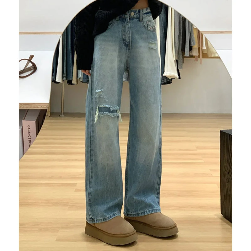 【时岛】美式破洞直筒牛仔裤胖显瘦裤子女款梨形身材粗腿宽胯窄版