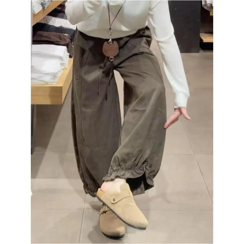 咖啡色慵懒风九分灯笼裤女秋大码胖mm梨形身材宽松显瘦工装休闲裤