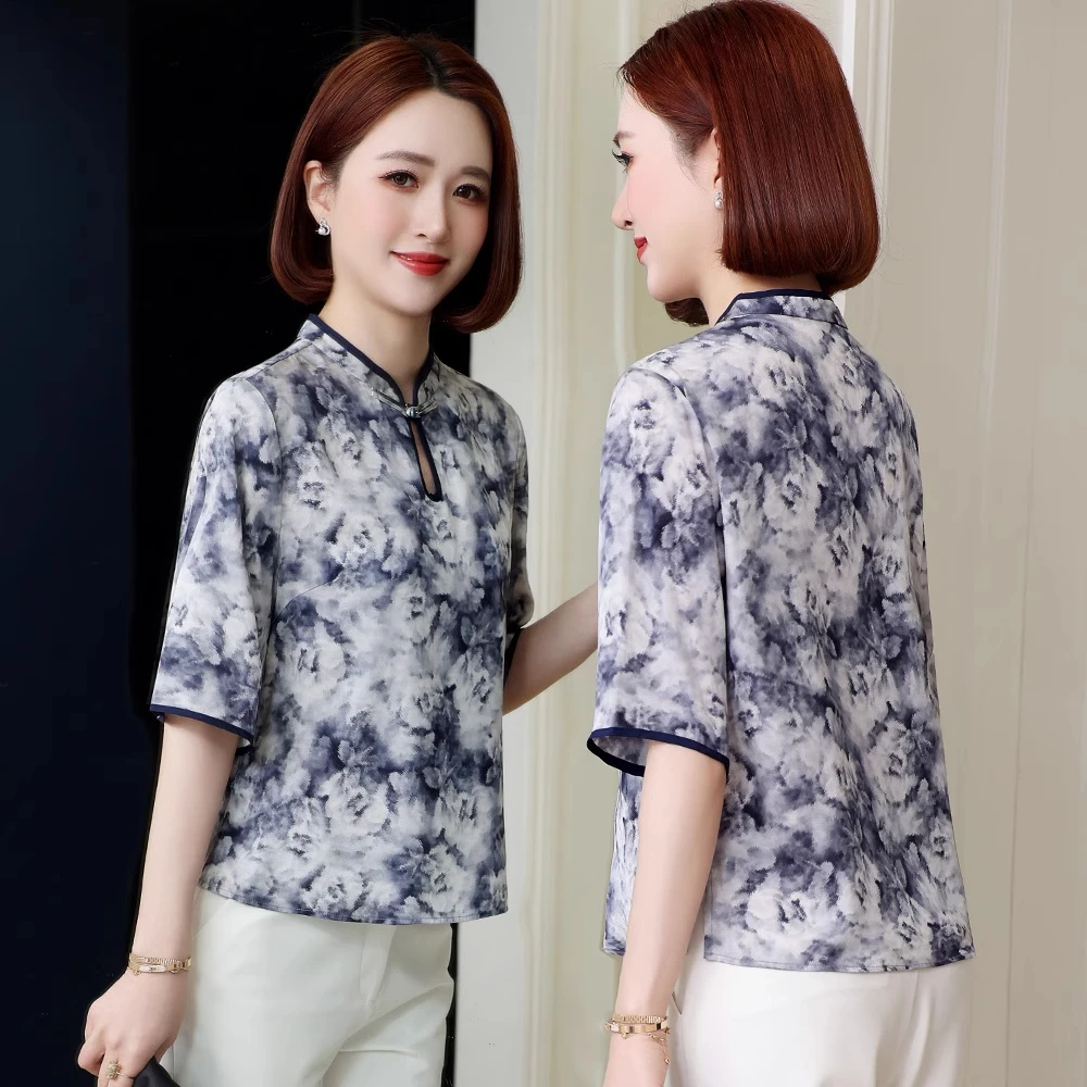 洋气印花重磅真丝衬衫女中袖春夏新款国风桑蚕丝上衣宽松大码妈妈