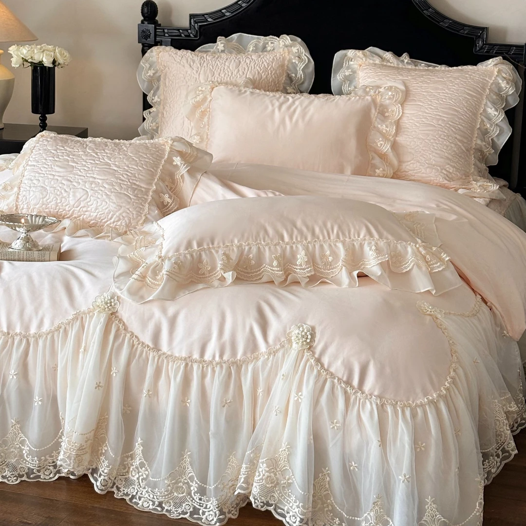 法式仙女风少女心全棉长绒棉四件套公主纯棉蕾丝花边被套轻奢床单