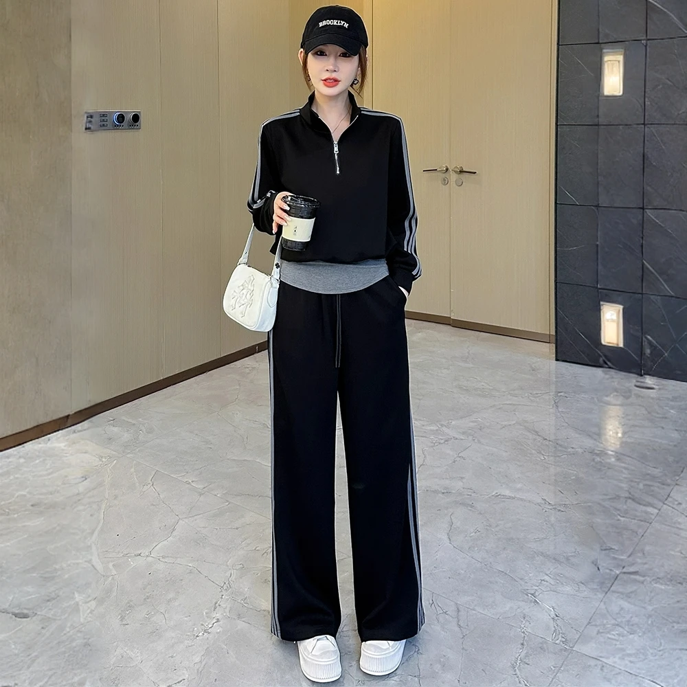 女装秋款爆款2025新款休闲时尚套装减龄黑色长袖上衣阔腿裤两件套