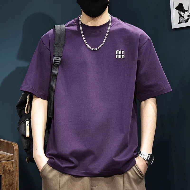 MR.MUDI/穆迪先生300G重磅纯棉紫色男士短袖t恤刺绣夏季2025新款