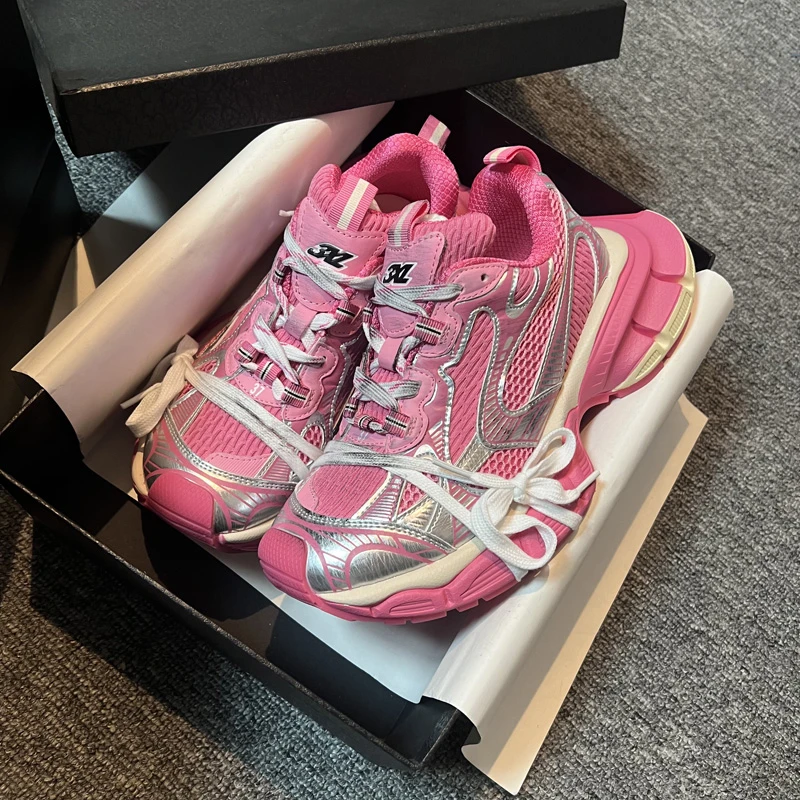 2025新款巴黎风格网格擦色老爹鞋厚底增高运动鞋复古休闲鞋58010