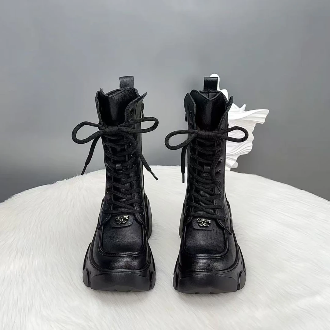 真皮厚底马丁靴女2025新款秋冬时尚中筒增高靴软底轻便加绒棉靴