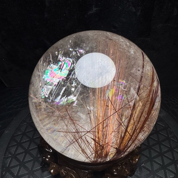 天然红铜发晶球摆件七彩彩虹办公店铺客厅玄关装饰