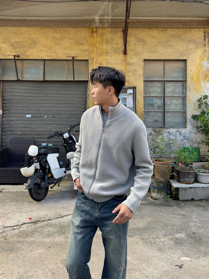 ATboa粗针肌理感立领针织开衫男女重磅秋冬修身百搭叠穿正肩上衣