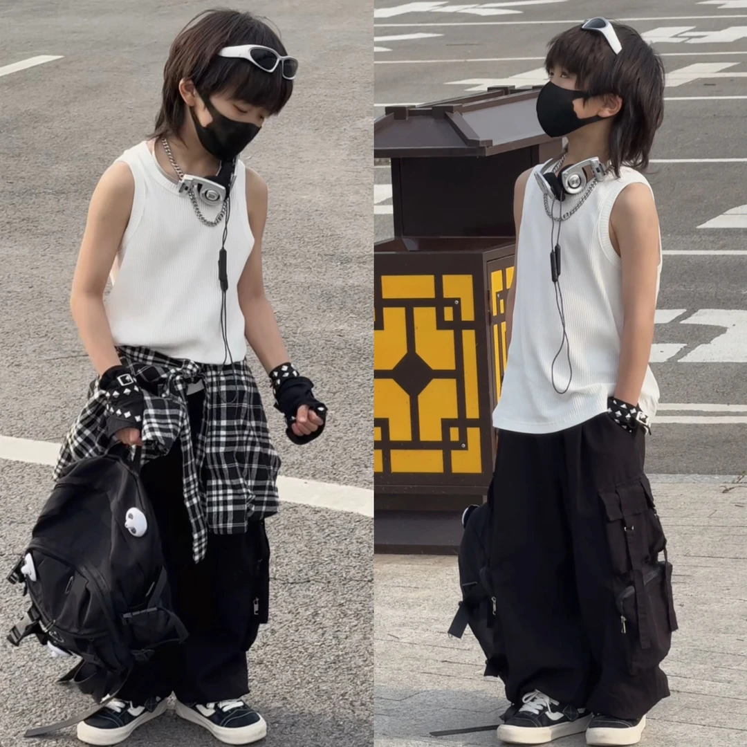 乐乐家儿童韩版运动螺纹无袖背心男夏季纯色宽松休闲潮牌坎肩T恤