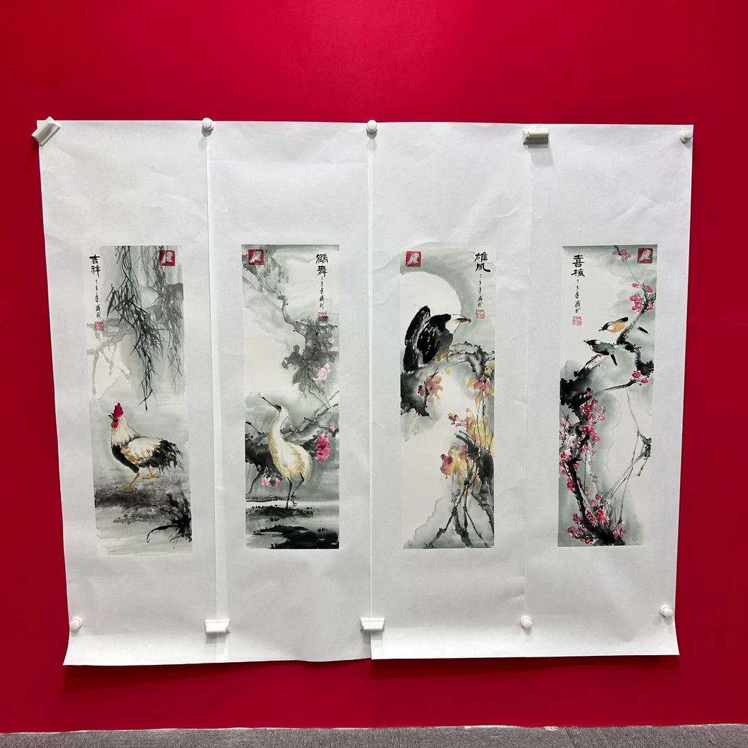 熊盛武手绘宣纸花鸟四条屏国画