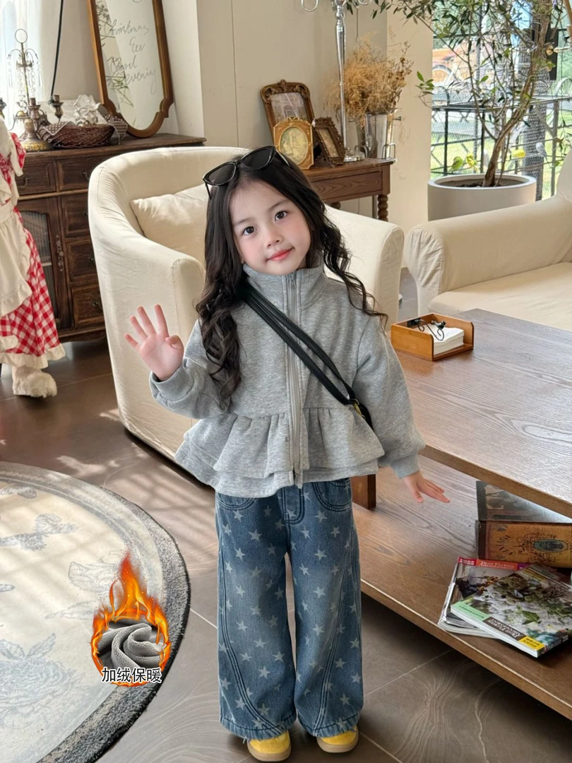 女童冬款套装韩版儿童加绒卫衣开衫拉链外套洋气百搭女宝宝牛仔裤