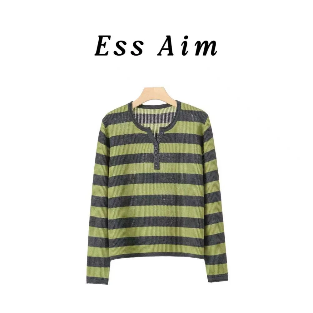 EssAim-0087 慵懒风女法式撞色针织衫秋冬条纹开衫女装