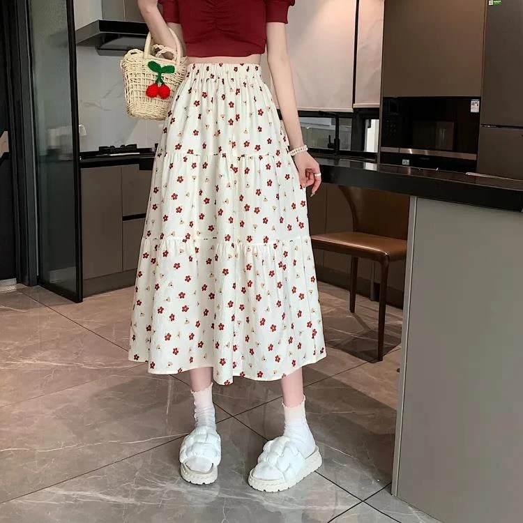 大码碎花a字半身裙女夏季胖mm2-300斤宽松中长款遮胯高腰大摆裙子