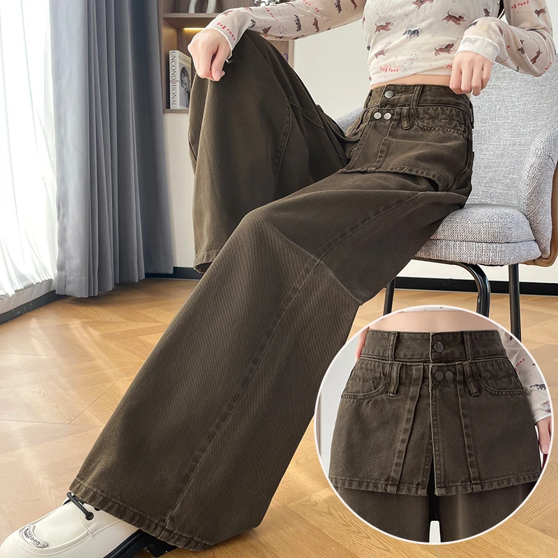蜜蜜穿搭加绒加厚棕色假两件阔腿牛仔裤女士2025冬季宽松直筒裤子