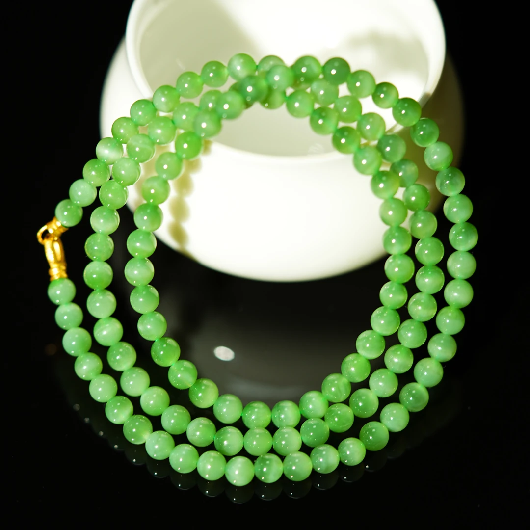 『小浩珠宝』天然和田玉碧玉老料·冰底果绿荧光5mm108妈妈链18K
