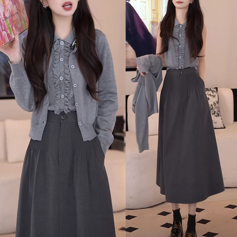 秋季穿搭一整套慵懒风时尚气质高级针织外套上衣背心裙子三件套