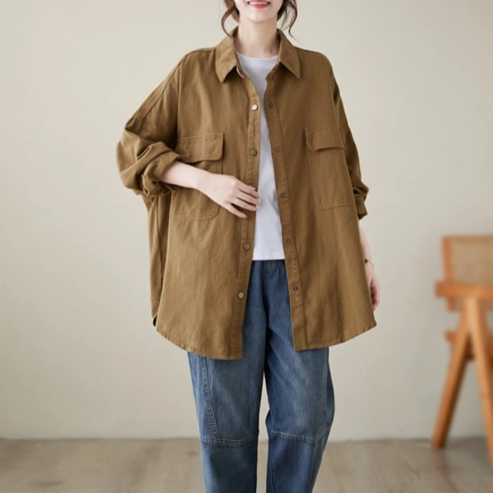 帅气港风中长款工装复古衬衫外套休闲宽松百搭大码女装衬衣秋季潮