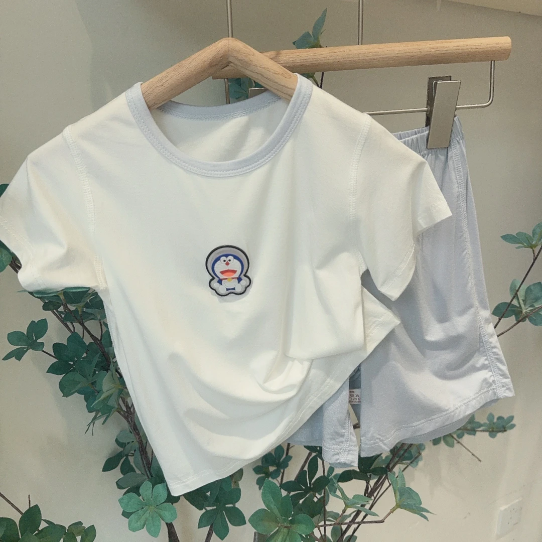 4074蓝色童装女宝圆领蓝胖子家居服