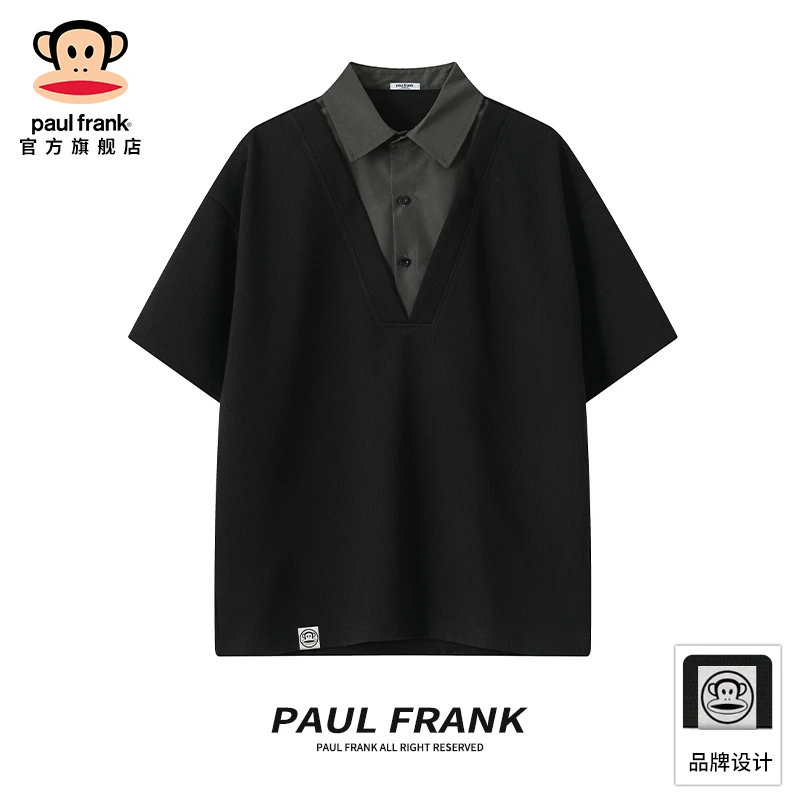 paul frank/大嘴猴高级感假两件t恤男士夏季短袖通勤POLO衫上衣服