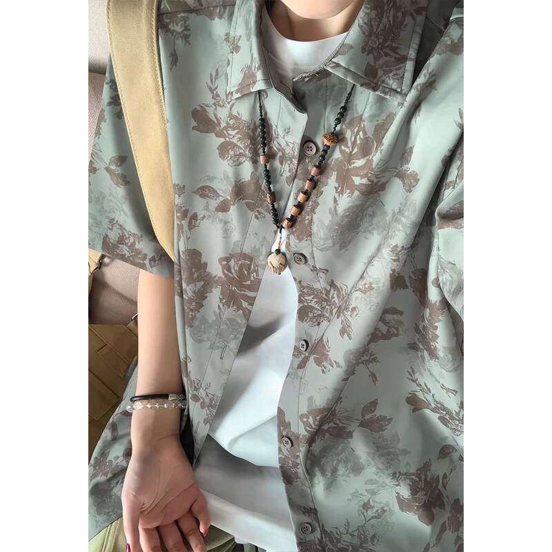 夏季港风复古冰丝碎花衬衫男短袖潮牌oversize休闲痞帅宽松衬衣服