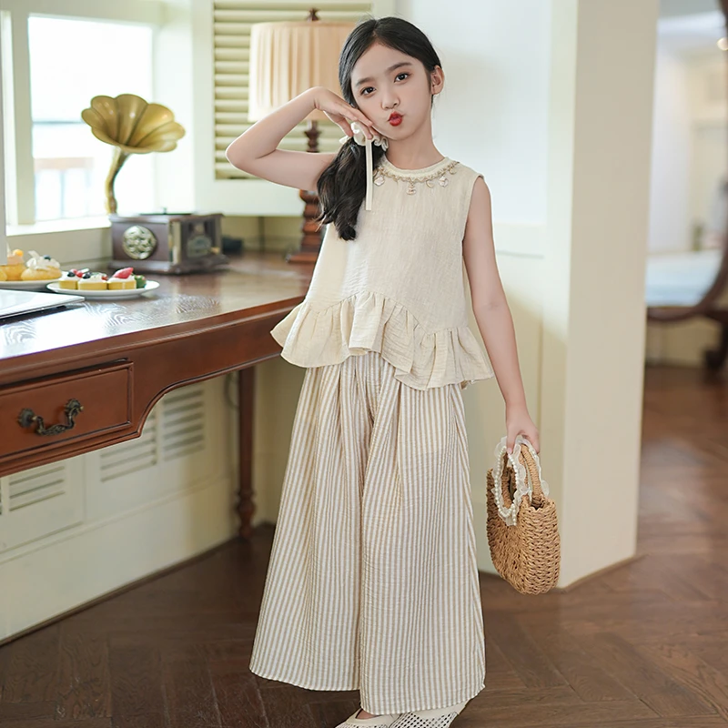 0769547女童套装夏装2025新款松弛感洋气时髦条纹儿童休闲两件套