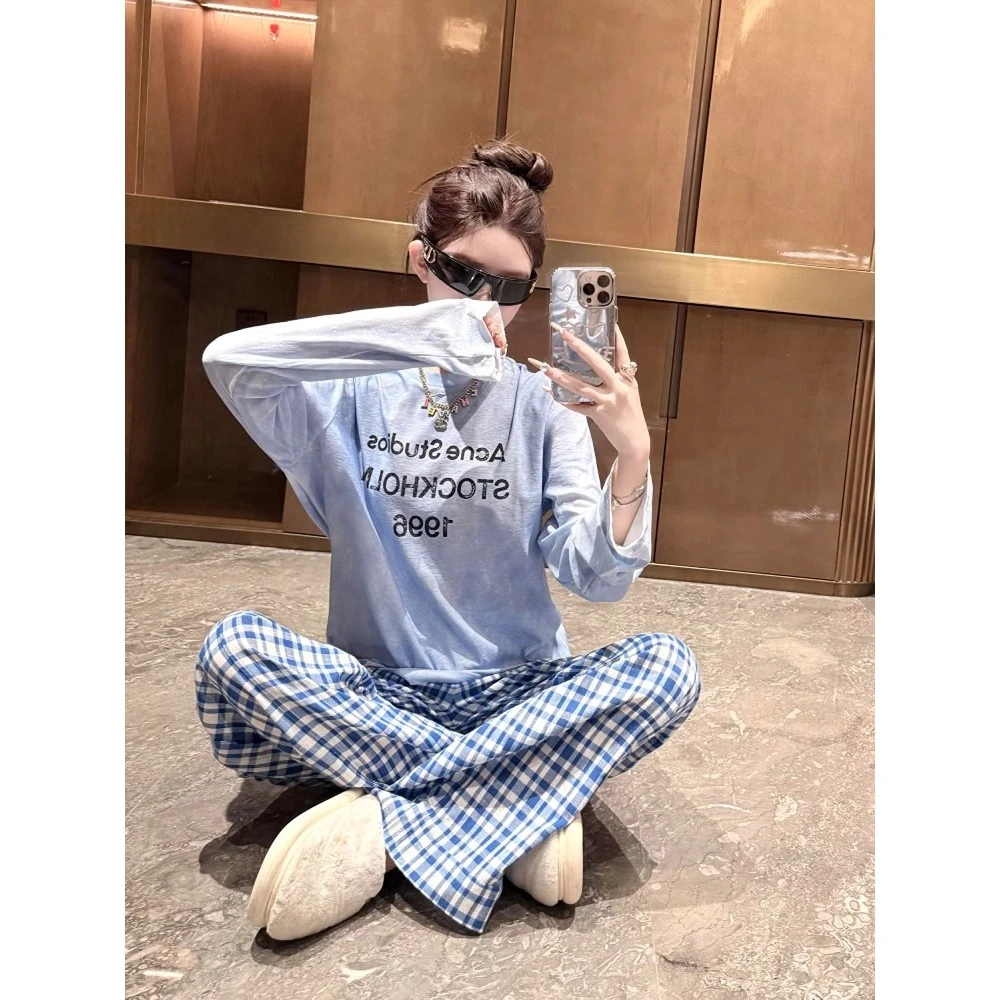 韩系简约字母印花长袖睡衣女夏季2025新款家居服宽松外穿长裤套装