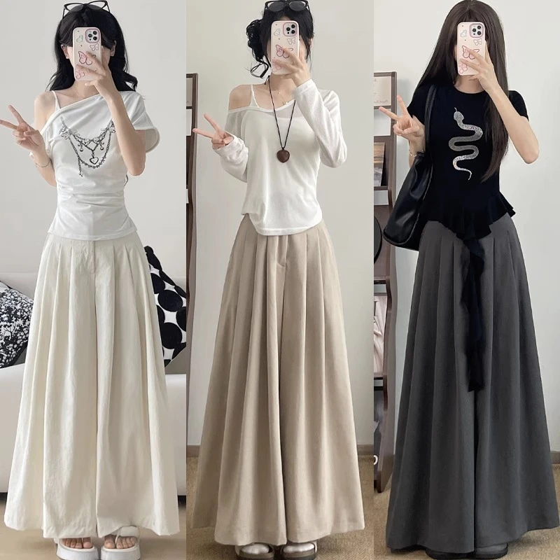 深灰色西装裙裤女夏季薄款2025新款高腰休闲小个子宽松垂感阔腿裤