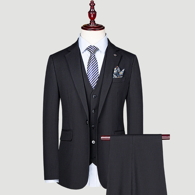 2025秋冬新款男士条纹西服套装休闲婚礼修身西装韩版时尚男士西装