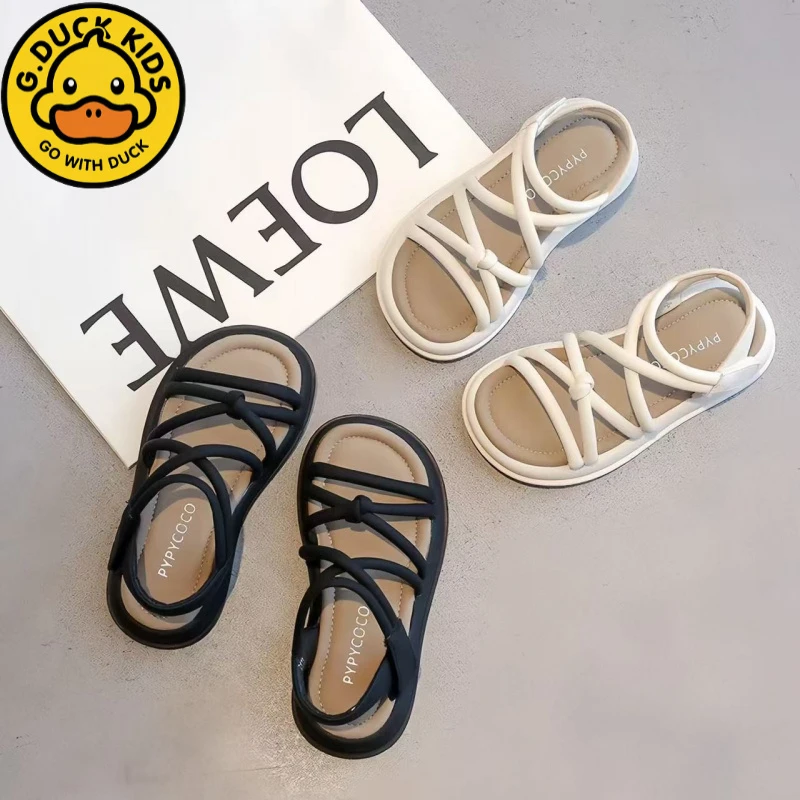小黄鸭女童罗马凉鞋2025夏新款儿童防滑凉鞋软底沙滩鞋时尚公主鞋