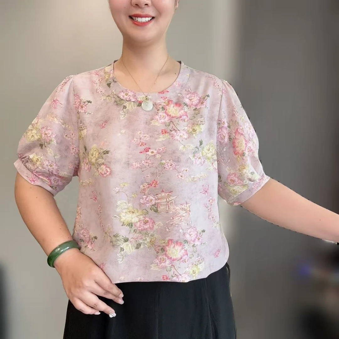 2025夏季轻薄凉快短袖时尚洋气圆领缎面宽松上衣短袖小衫夏季百搭