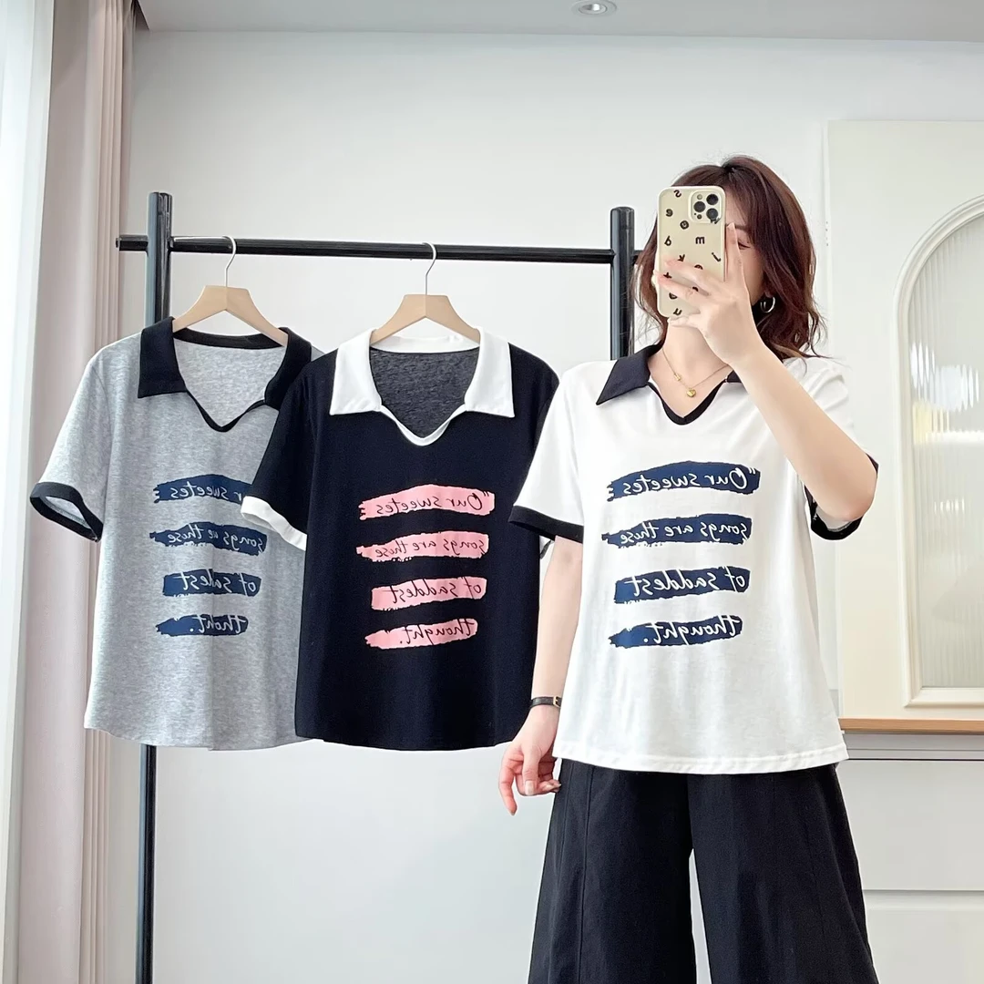 短袖女性翻领立体裁剪印花常规款宽松型大码T恤