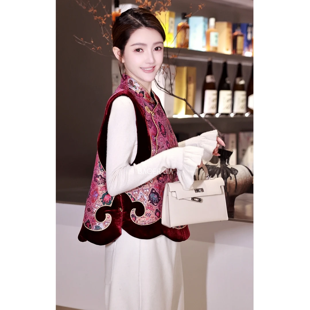 19-【吉象】宝儿家含幂BJ116525411XQ冬款唐锦立领撞色桑蚕丝马甲