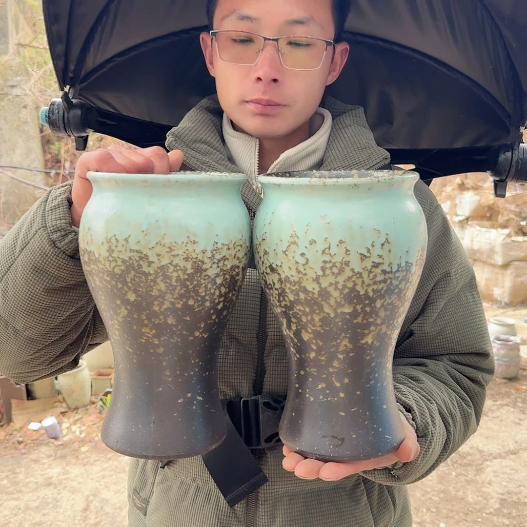 紫砂花盆口15高27美人鱼蓝口两个