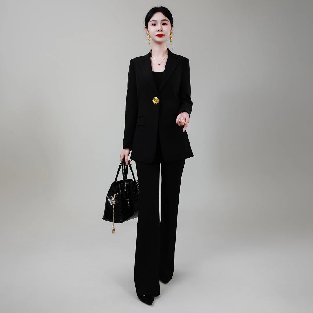 【丽爷】0294-90春夏款黑色金扣微喇西装套装