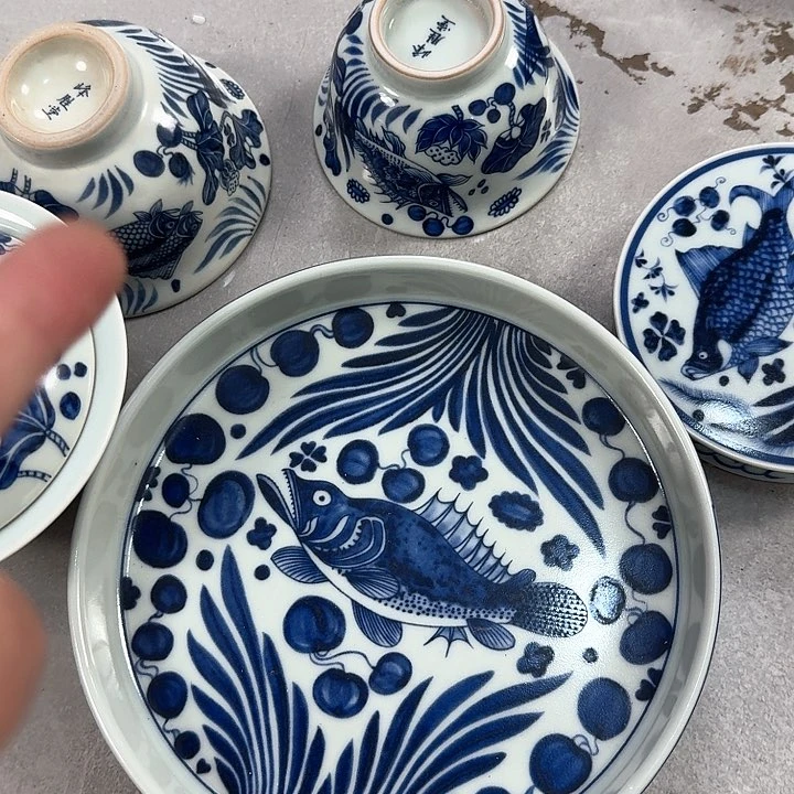 杯青花鱼藻5件套景德镇