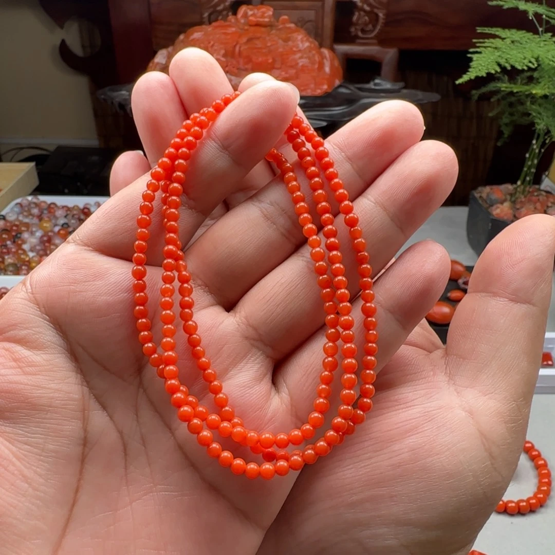 南红玛瑙未镶嵌柿子红小米珠多圈3➕