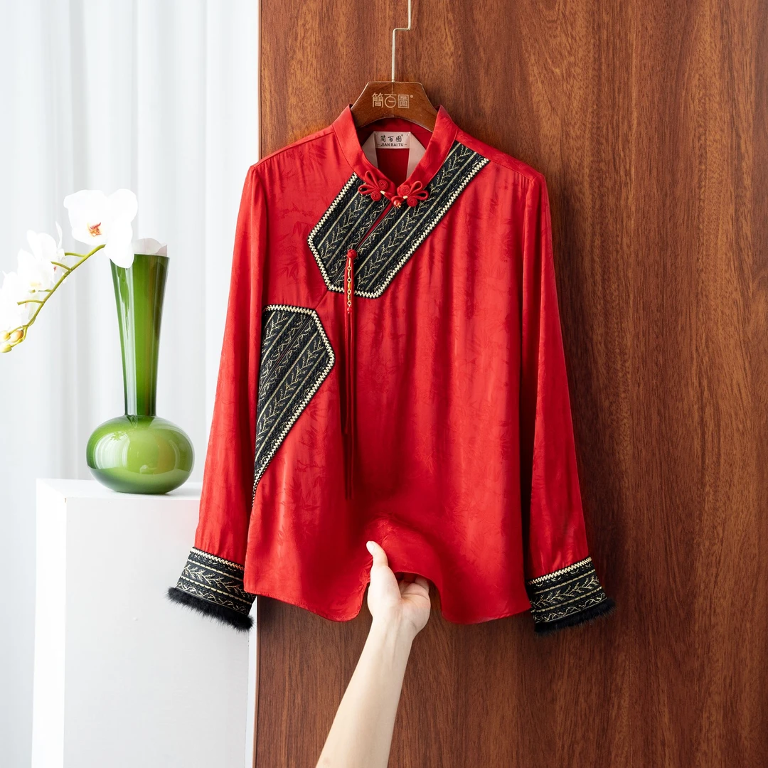 2025早春新款暗纹提花拼接真毛条本命年新中式立领气质国风上衣