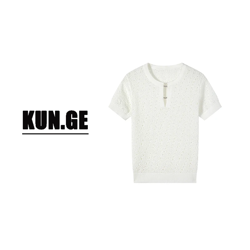 KUNGE-短袖针织T恤女宽松套头镂空透气网孔冰凉圆领上衣2675