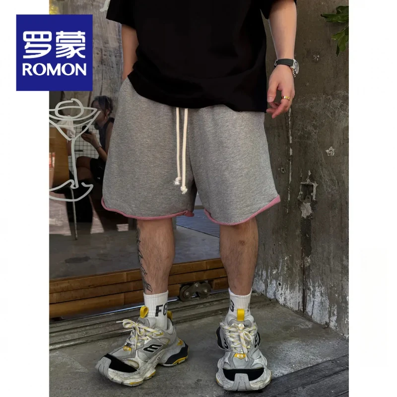 罗蒙短裤重磅纯棉毛圈水洗双色料美式水洗休闲百搭宽松直筒五分裤