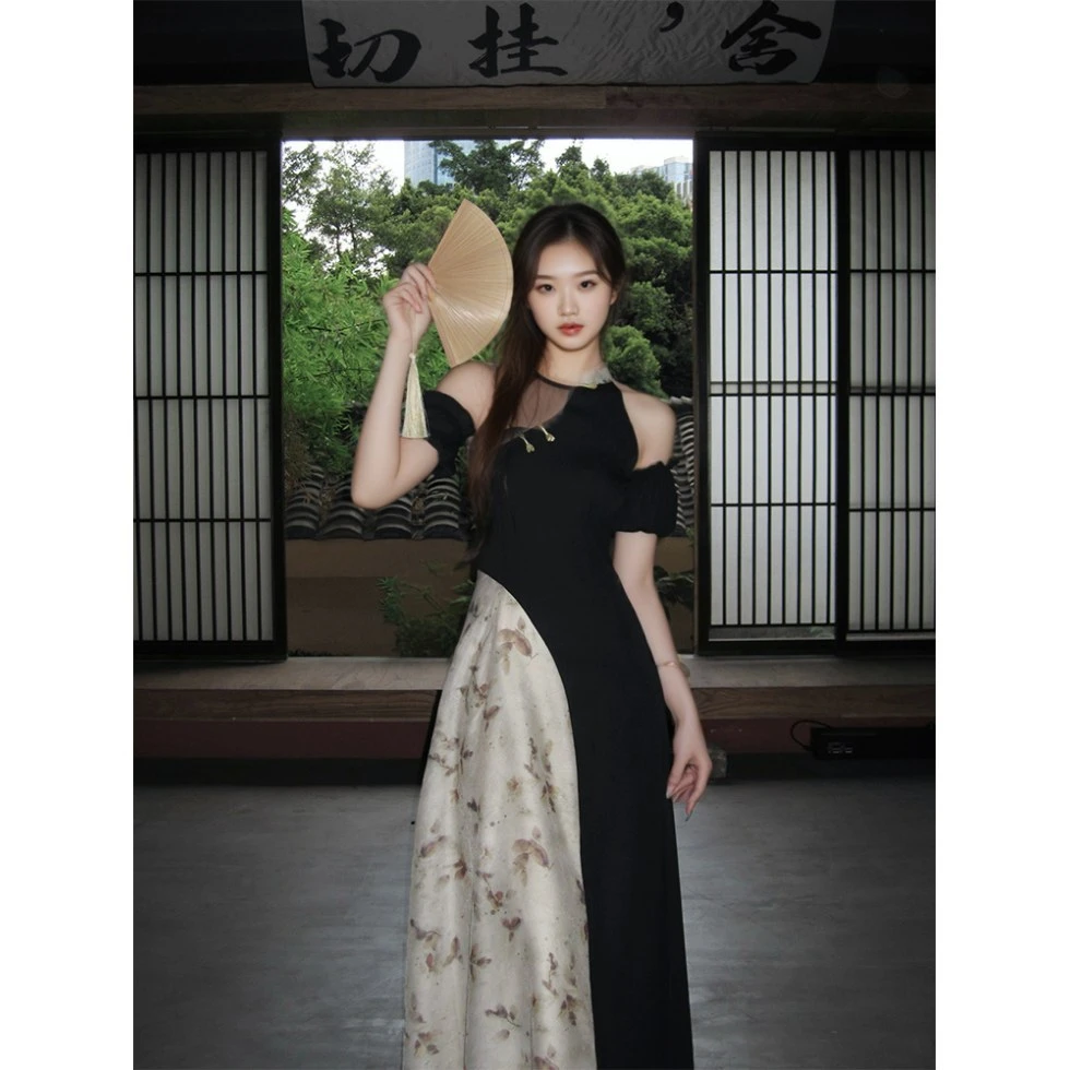 新中式国风【热巴美学】黑色复古旗袍连衣裙显瘦长款高贵修身长裙