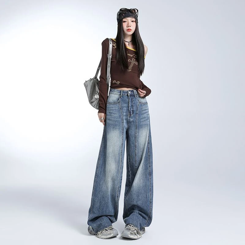 真衣坊复古蓝高街宽松阔腿牛仔裤女美式设计感高腰垂感裤