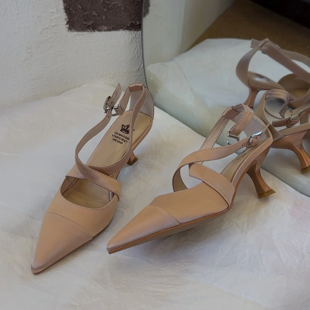 【王二今】桑蚕丝/6CM/细高跟尖头时尚交叉带气质玛丽珍单鞋女