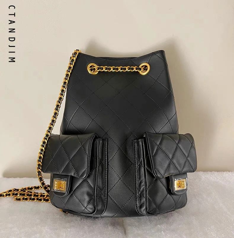 CTANDJIM膏品质头层牛皮 香风菱格双口袋书包 背包 双肩包