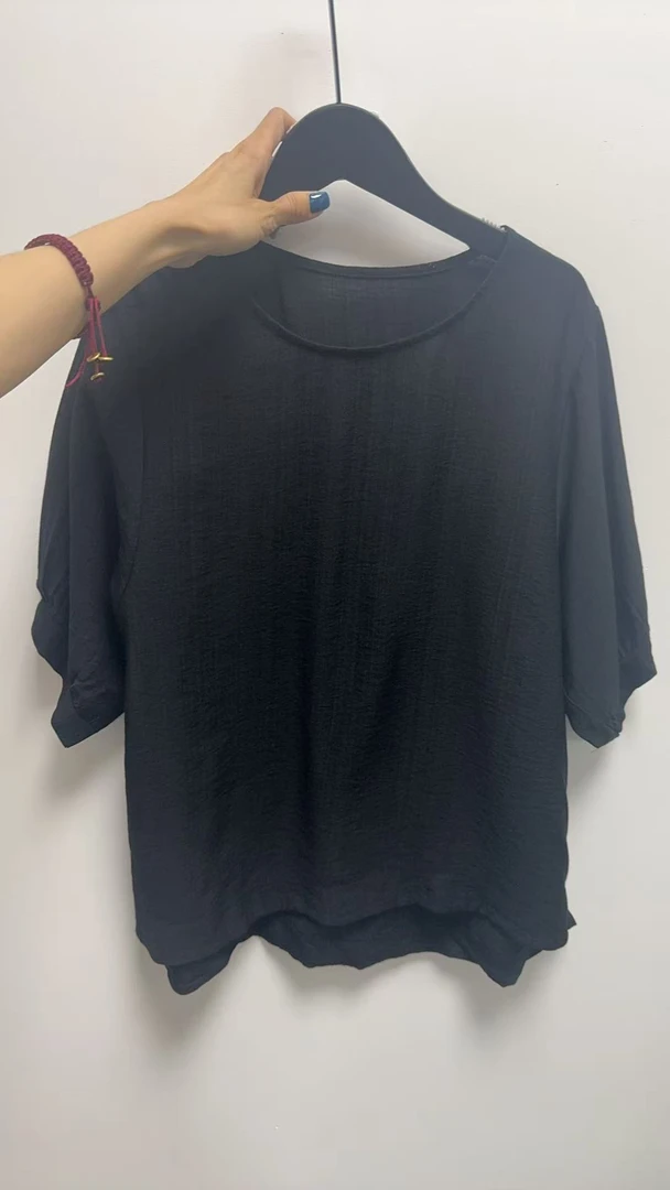 抽褶圆领透气中袖纯色T恤简约夏季潮流甜辣风