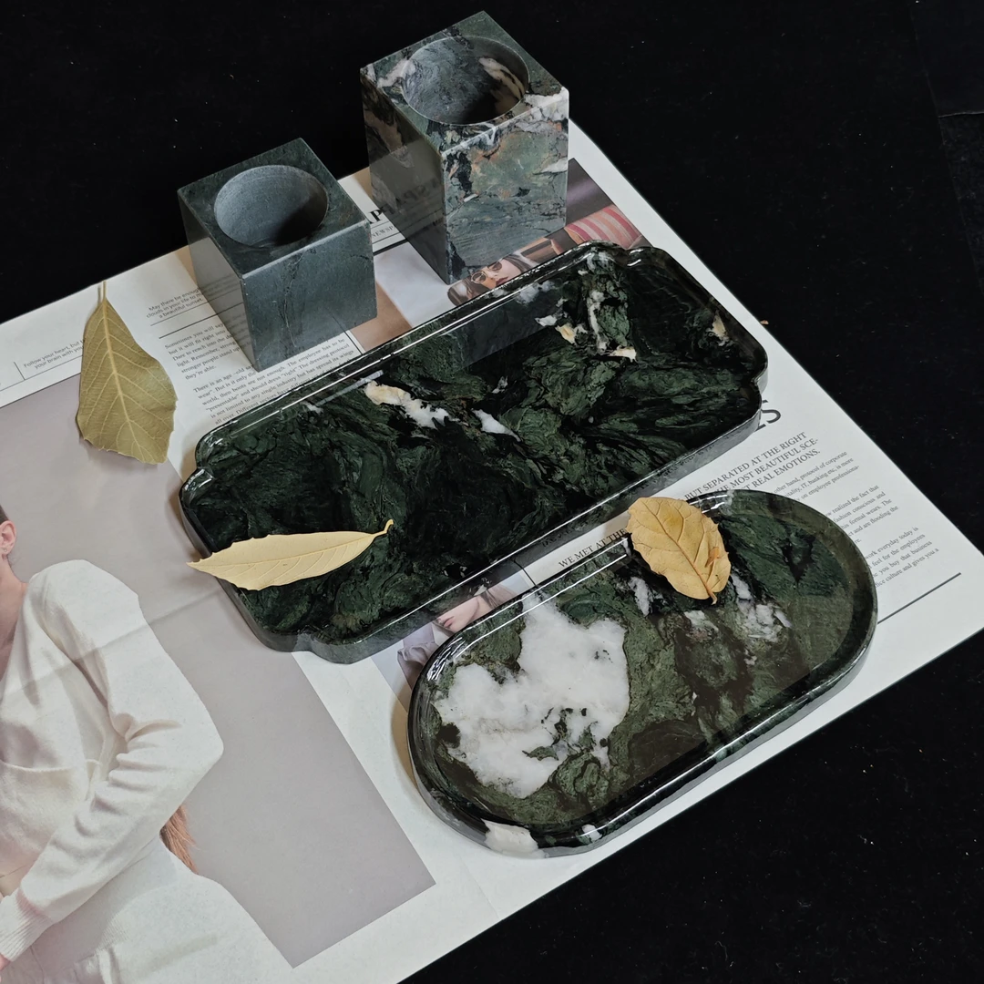 大理石浴室托盘芬迪绿奢石摆件客厅装饰摆件 香薰首饰收纳托盘