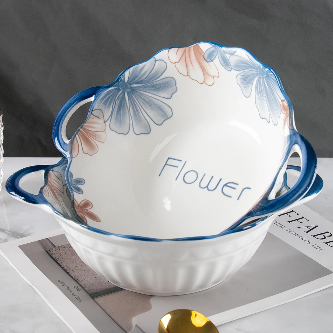 新款大号10英寸兰花双耳碗家用陶瓷大菜盆防滑防烫高颜值泡面碗