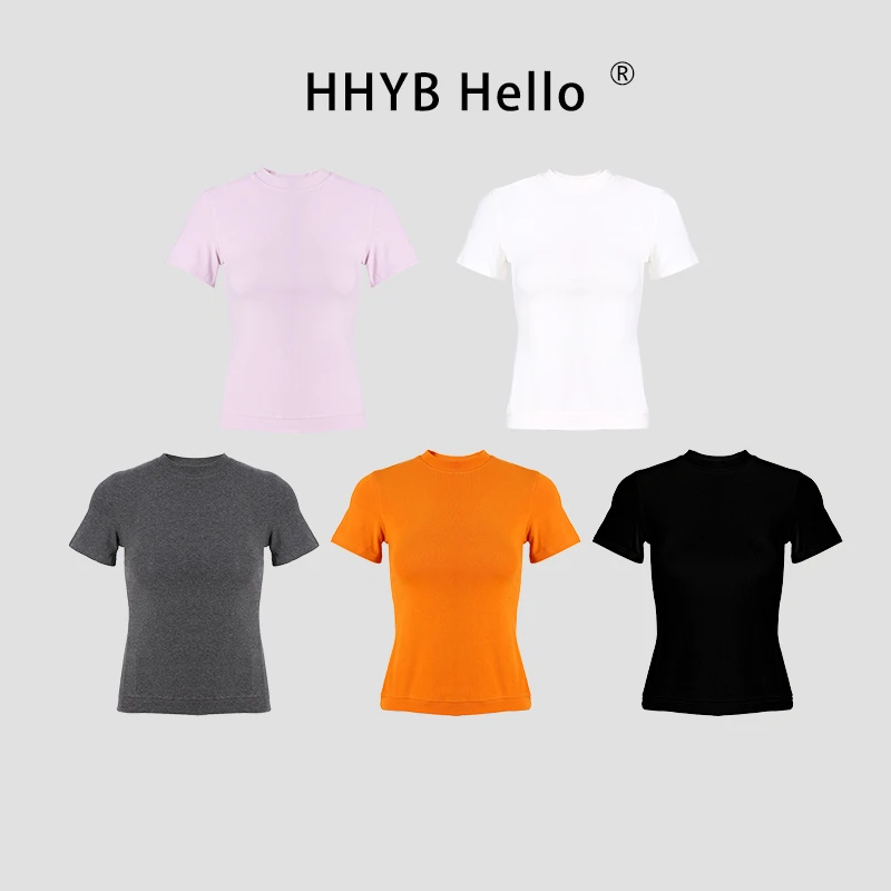 HHYB Hello2025夏季新款圆领修身显瘦正肩基础款T恤上衣女250523