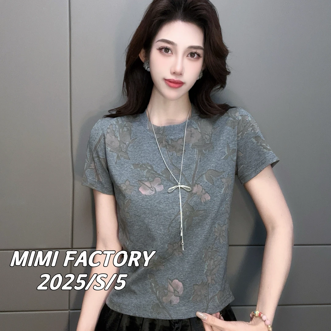 2025夏季新款 欧货晕染花朵短袖T恤女修身显瘦时尚百搭#5022