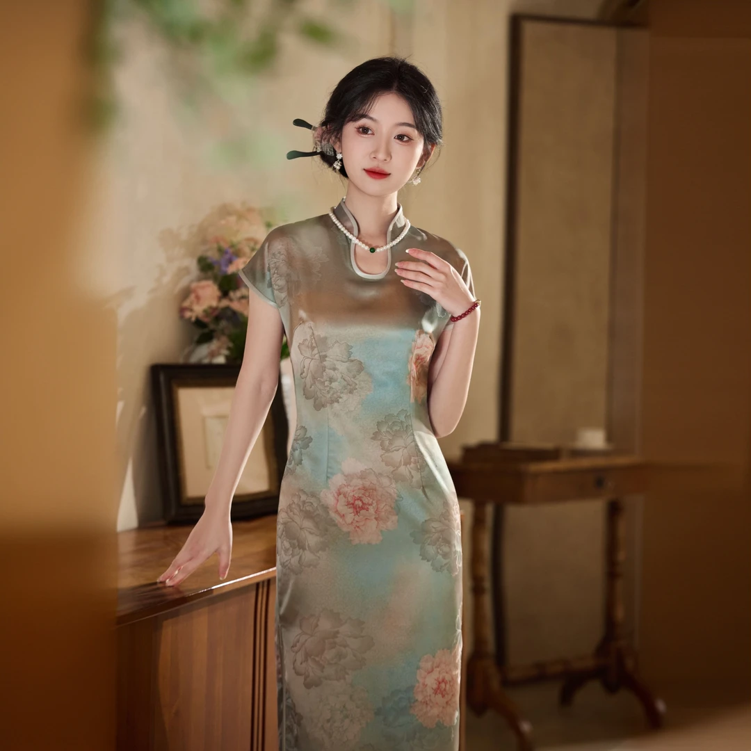 改良款新中式国风旗袍高级醋酸红云纱水滴立领连衣裙
