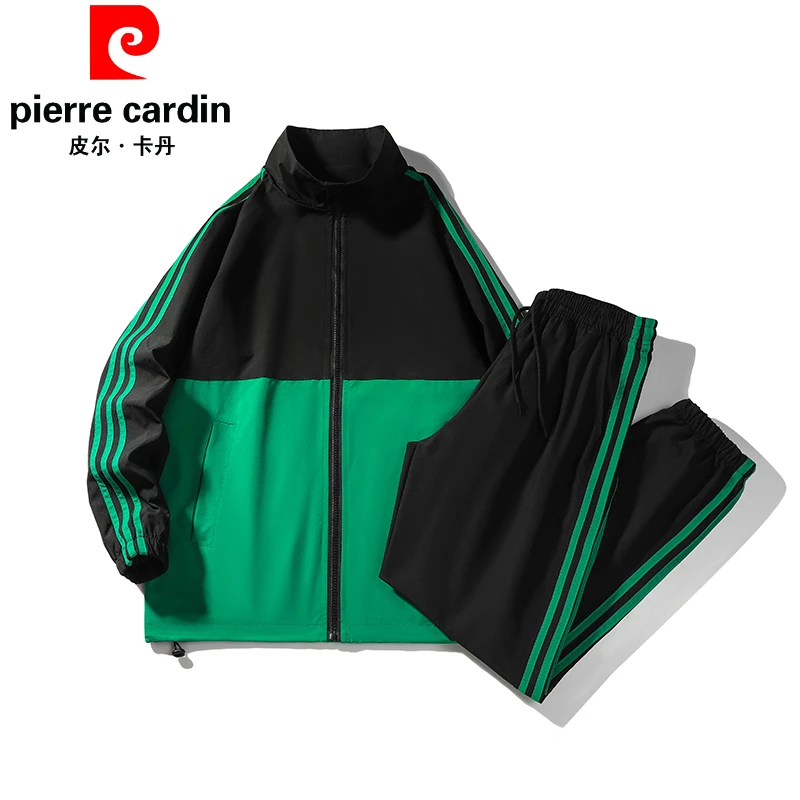 皮尔卡丹春秋季两件套休闲冲锋衣夹克套装拼色立领外套长裤套装潮