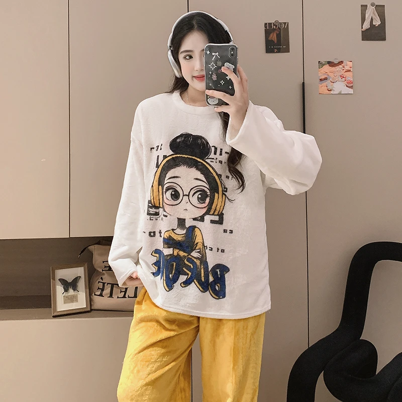 2025秋冬新减龄睡衣女法兰绒加绒保暖套头卡通可爱家居服长袖套装