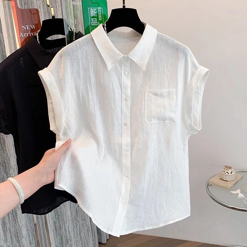 高级感大码翻领短袖衬衫女2025夏季薄款独特漂亮减龄宽松小衫上衣